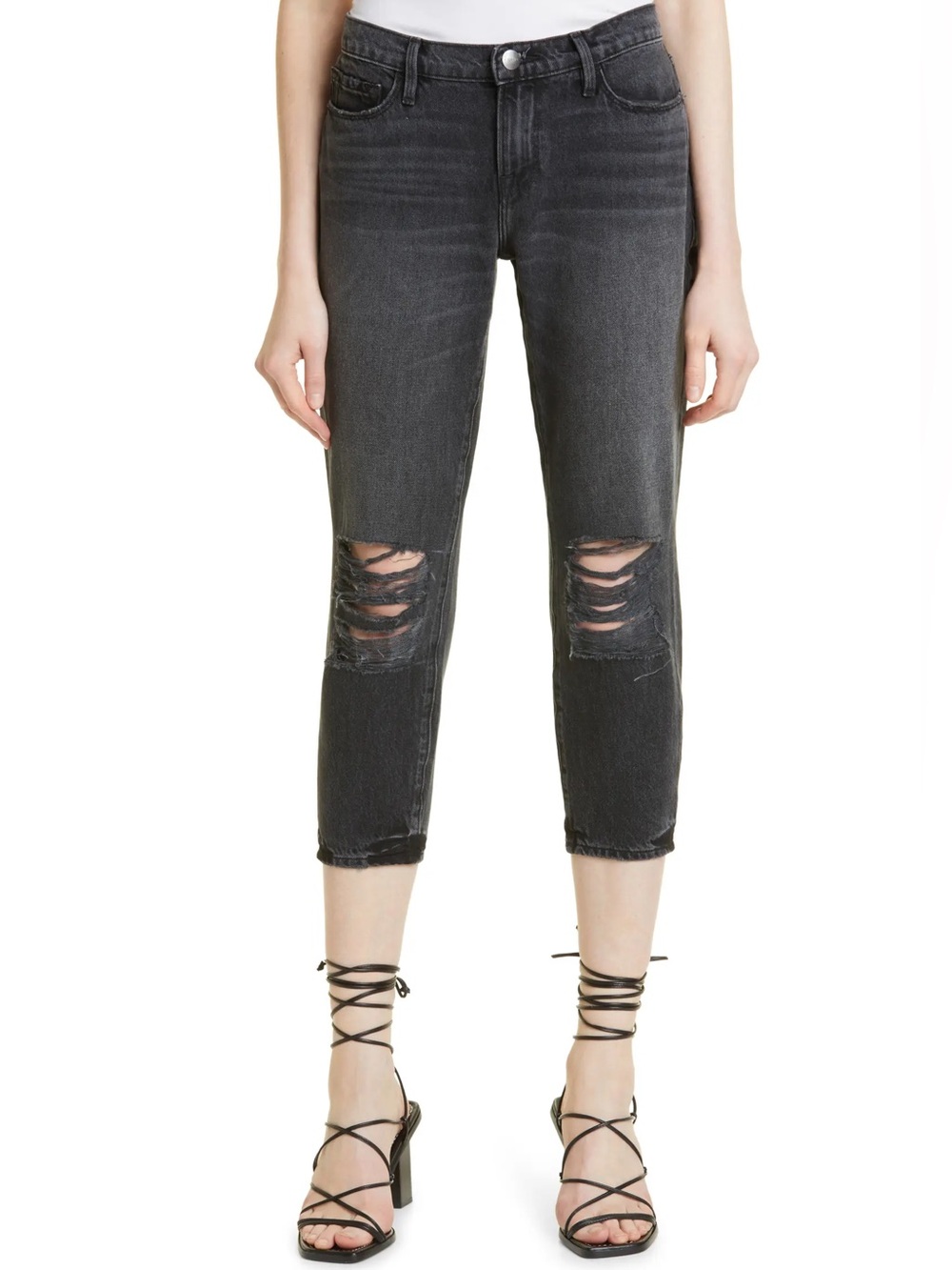 FRAME Le Garcon Ripped Wilkinson Black Crop Straight Leg Boyfriend Jeans Size 28